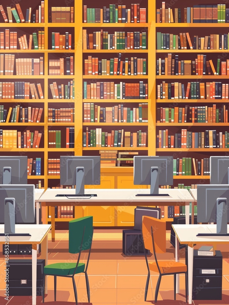 Fototapete a bright and modern student library with bookshelves filled with books and computers for research. g