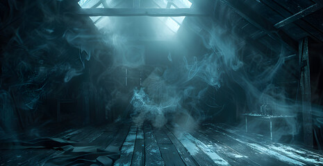 A dark room with smoke and a person in the middle