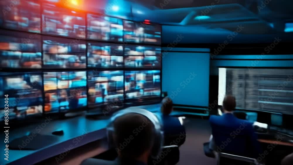Aufkleber advanced media broadcast control room with multiple screens displaying surveillance, live broadcasti