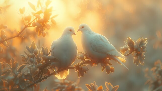 A pair of white doves sitting on an olive branch with berries, in the warm light of sunrise.