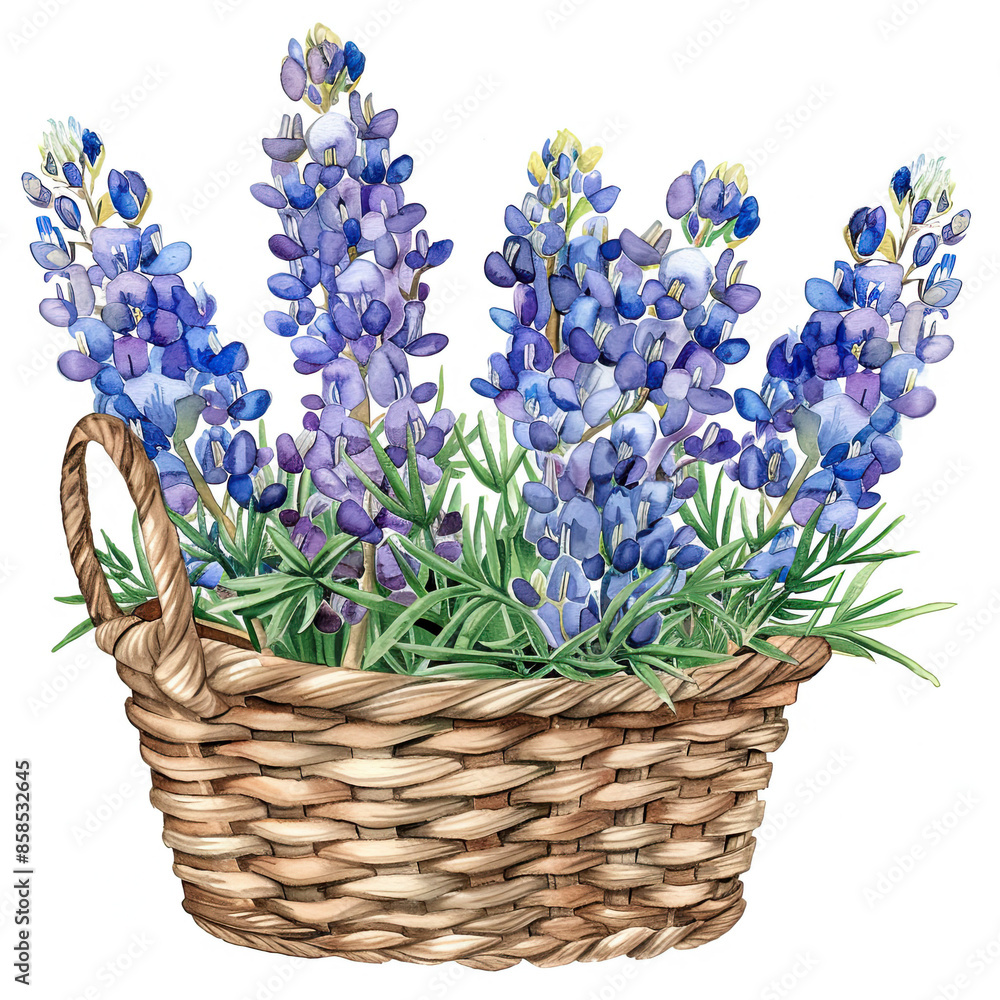 Canvas Prints Watercolor Illustration of Bunches of Bluebonnets in a Wicker Basket