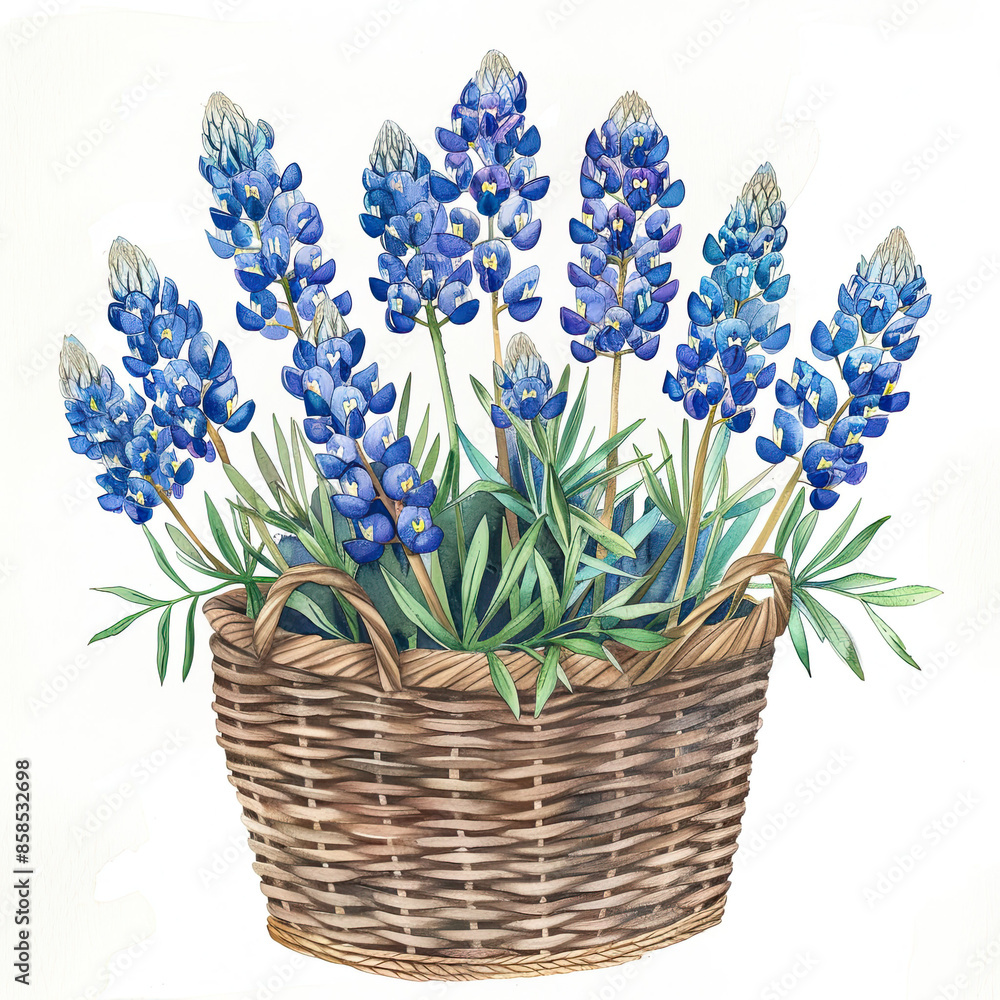 Canvas Prints Watercolor Illustration of Bunches of Bluebonnets in a Wicker Basket