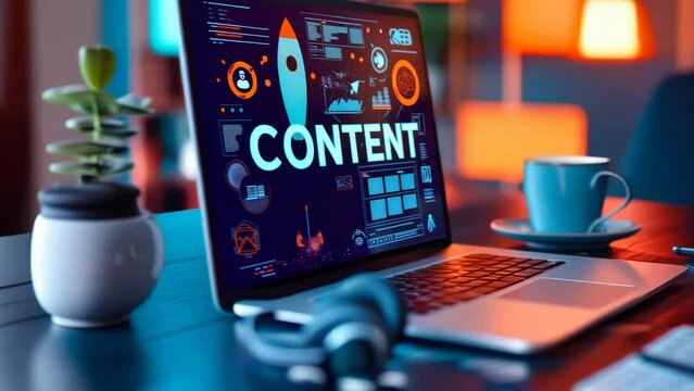 Dynamic Digital Content Creation with Rocket Launch Graphic on Laptop Screen, Coffee Cup and Earphones on Desk for Innovative Marketing