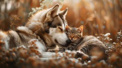 adorable little cat and lovely husky dog, pets portrait.