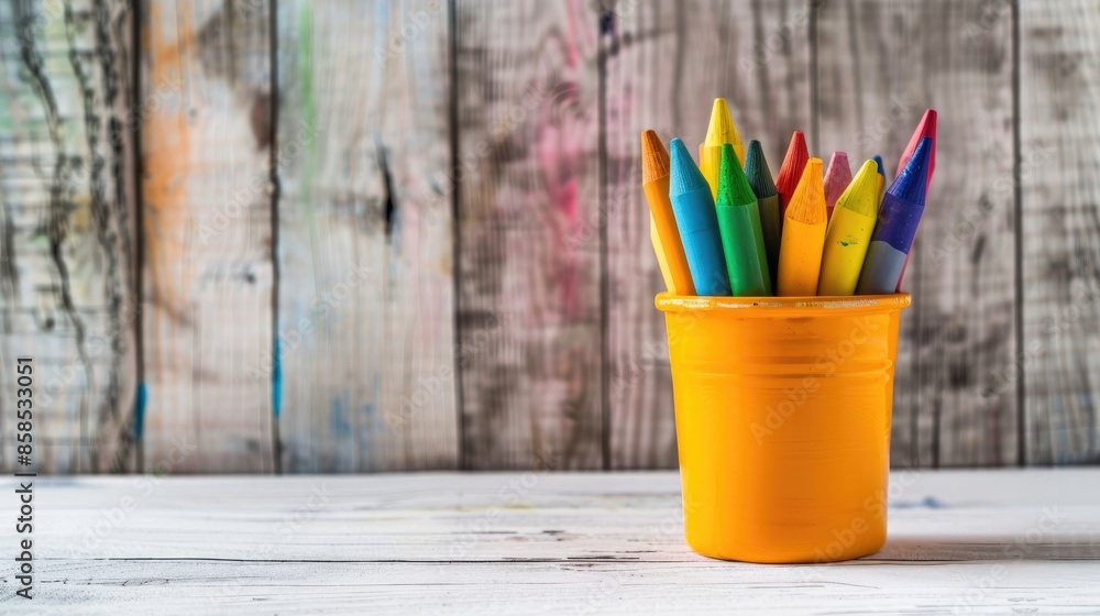 Aufkleber Vibrant crayons in a cup on a white table against a wooden backdrop with empty space for text Arts and learning in educational and professional settings