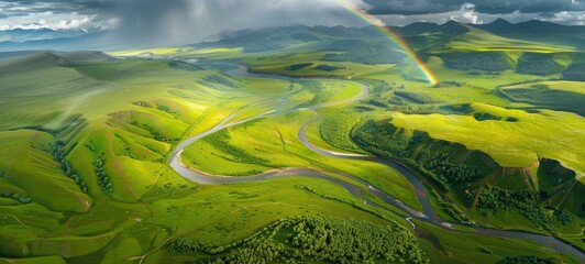 Aerial View of Lush Green Mountains with Rainbow. Generative ai