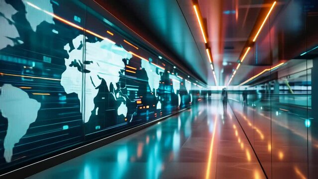 Futuristic Airport Corridor with Interactive World Map Display Highlighting Global Travel and Connectivity in the Digital Information Age, Evening Setting, Advanced Technology, and Modern Design