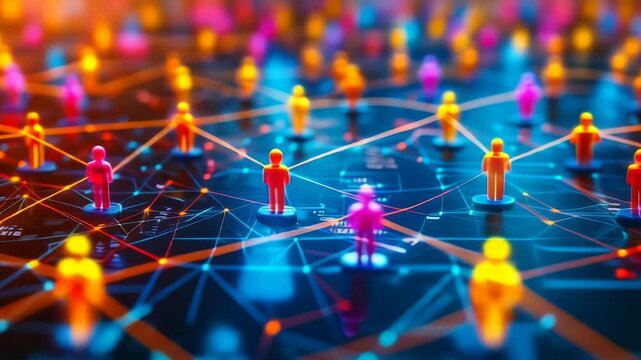 Vibrant Figurines on Network Grid Illustrating Digital Era Concepts of Social Connectivity, Networking, Community, Teamwork, and Collaboration