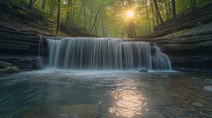 Hidden Falls USA Daytime. The best view of Hidden Falls in the USA during the day, with the waterfall nestled in a secluded, tranquil forest area, sunlight filtering through the trees, a Minimalist,