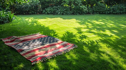 American Flag Picnic Blanket on Lawn A picnic blanket with an American flag design on a lush green lawn