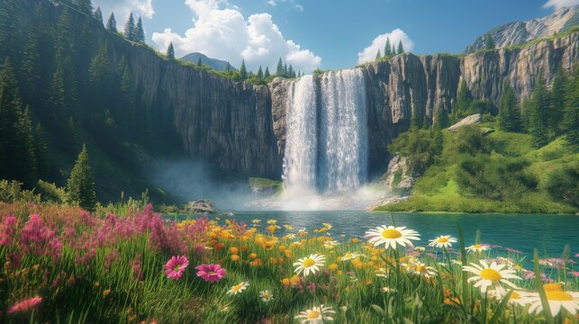 AI generated Dreamer's Falls USA Daytime. The best view of Dreamer's Falls in the USA during the day, with the waterfall surrounded by wildflowers and a vibrant green landscape