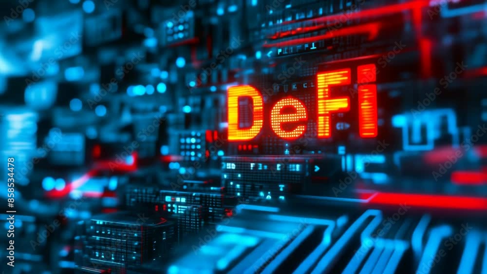 Poster dynamic neon defi text on matrix-style blockchain background symbolizing decentralized finance techn