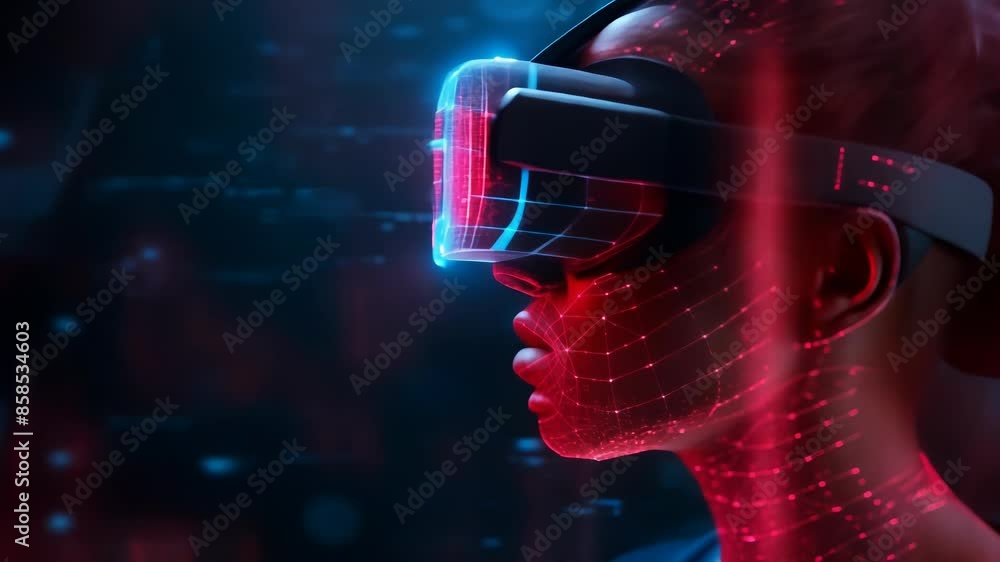 Poster futuristic virtual reality experience with digital face and illuminated vr headset in glowing networ