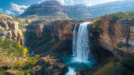 Cartens Falls USA Daytime. The best view of Cartens Falls in the USA during the day, with the waterfall surrounded by rugged terrain and clear skies, a Minimalist,