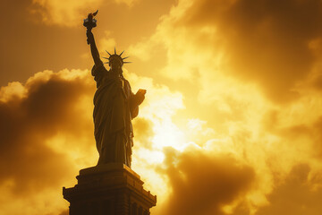 Fototapeta premium Dawn of Freedom. Silhouette of the Statue of Liberty Against a Sunrise - Symbolizing Hope and Democracy on International Day of Democracy
