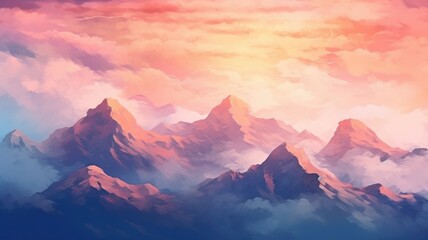 Fototapeta premium Abstract painted sky with vibrant cloud colors. Twilight sky in sunset with pastel watercolor and fantasy cloud background. Artistic background with a blend of pink, blue, and orange hues. AIG35.
