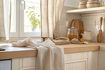 Sunny Kitchen Counter with Linen Cloth and Window View