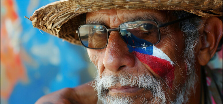 a taino man in his 50's with the puertorrican flag painted on his face