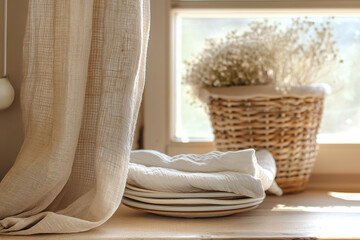 Rustic Kitchen Scene with Plates and Linen by the Window