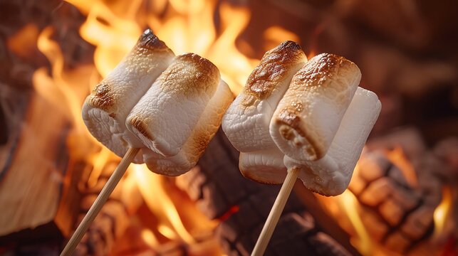 Marshmallows Roasting Over Fire Marshmallows on sticks roasting over a campfire