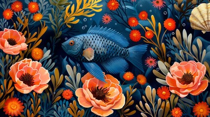 An illustration of a fish floating underwater. The deep sea. Marine underwater habitat background