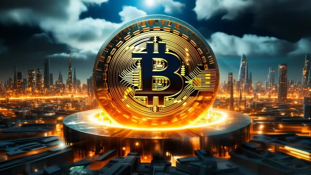 Illuminated Bitcoin Symbol in Futuristic Cyber Cityscape Representing 2024 BTC Halving Event and Cryptocurrency Market Growth