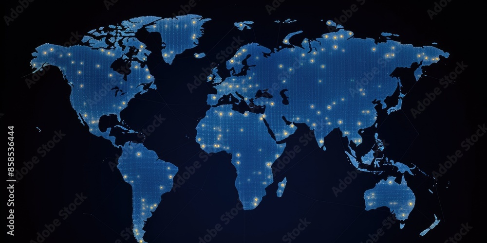 Poster glowing digital world map on a dark background with sparkling light points. global communication and