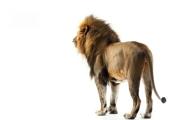 Naklejka premium Back view on a male lion looking away isolated on white