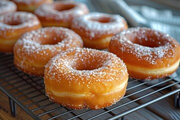 Mouthwatering Homemade Fried Donuts with Powdered Sugar Coating on Cooling Rack