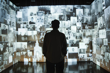 Man viewing wall of black and white photos in a dimly lit room