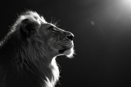 South African lion profile portrait on black background.