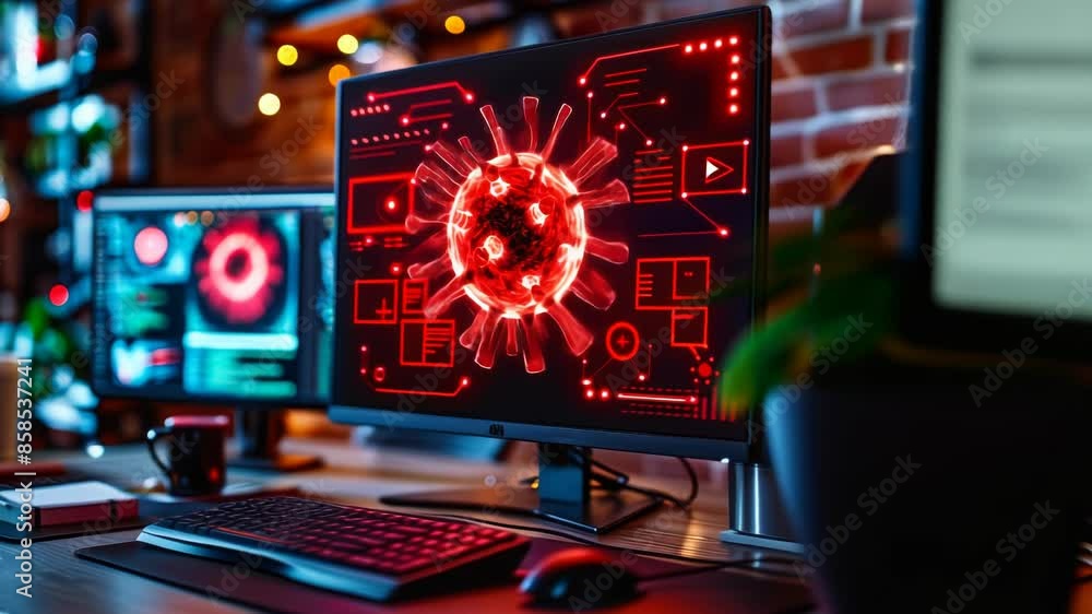 Poster dimly lit office with computer monitor displaying red virus detected warning, stylized virus icon in