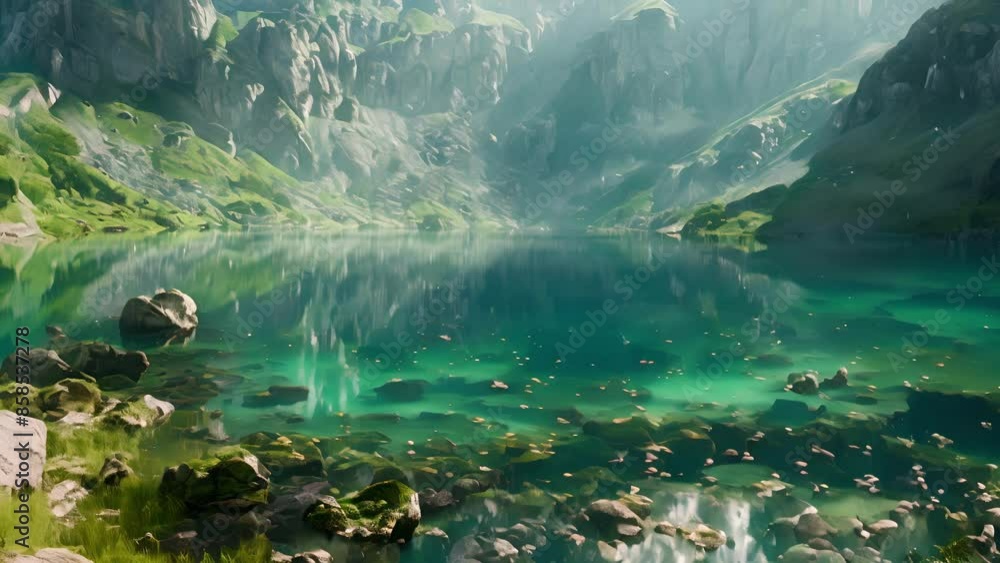 Poster at the base of the valley lies a crystalclear lake its surface adorned with colors and patterns that