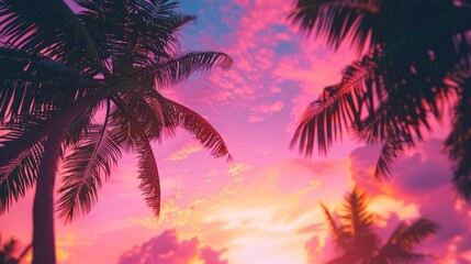 Colorful Sunset Background with Palm Trees and Coconuts