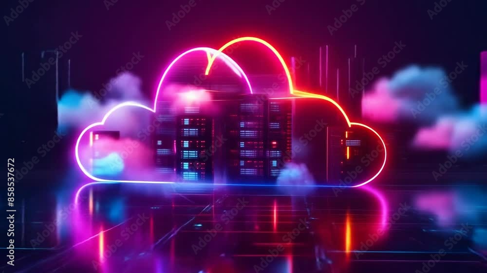 Poster futuristic neon cloud computing concept with glowing cybernetic server racks inside cloud, represent