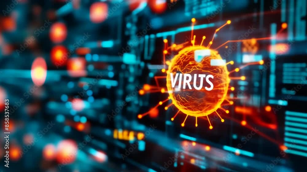 Poster digital cybersecurity warning: virus alert on network screen with global data connections concept