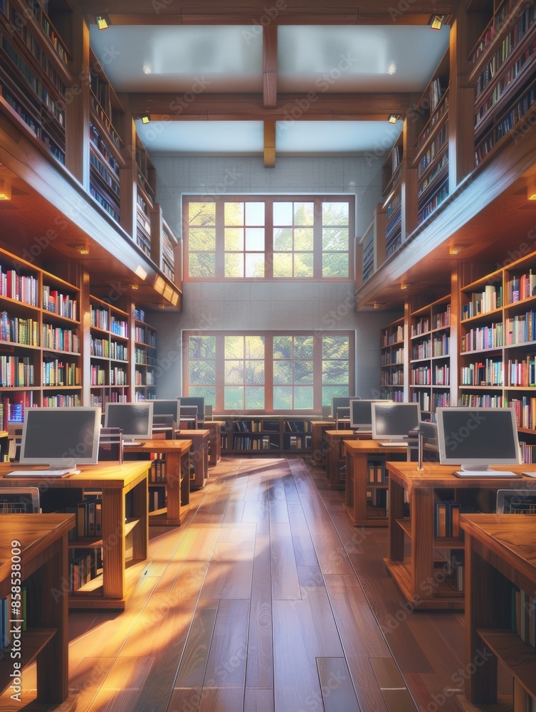 Poster a modern student library with bookshelves and computers. generative ai
