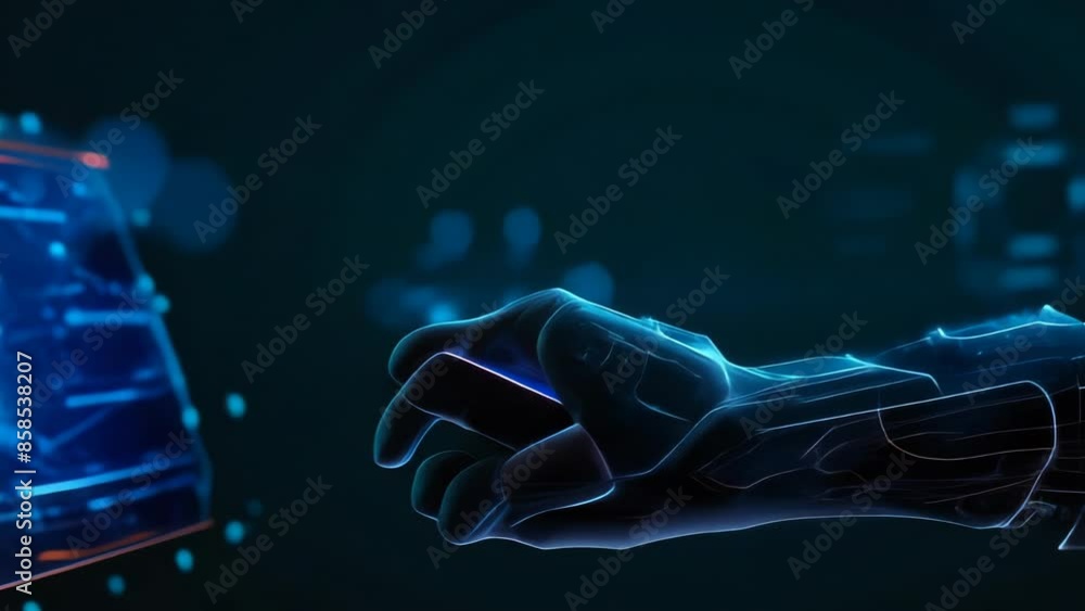 Poster futuristic command prompt holographic interface with cybernetic hand touching digital screen at nigh