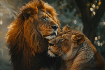 Majestic African lion couple loving pride of the jungle   Mighty wild animal of Africa in nature