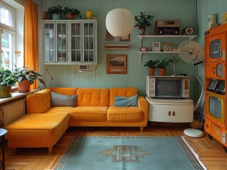 Cozy living room with orange couch and vintage electronics