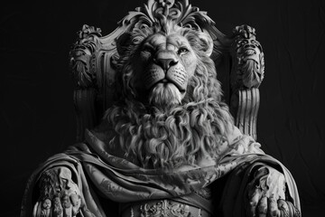 Man with lion head on throne  isolated black and white.