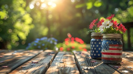 Patriotic Mason Jars on Porch Mason jars with American flag designs on a porch