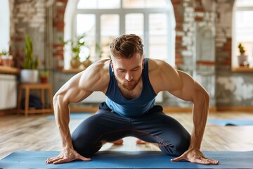 Fototapeta premium Young Man in Wheel Pose in a Yoga Studio