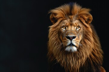 Fototapeta premium Portrait of a Male adult lion looking at the camera Panthera leo on black