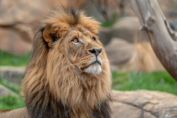 Naklejka premium Portrait of a male lion with a big mane in the background