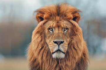 Portrait of a male lion with a big mane in the background