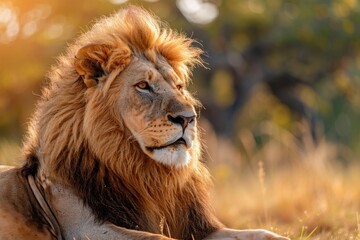 Obraz premium Portrait of a strong male lion with the African savanna