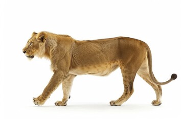 Side view of a lion walking away  isolated on white