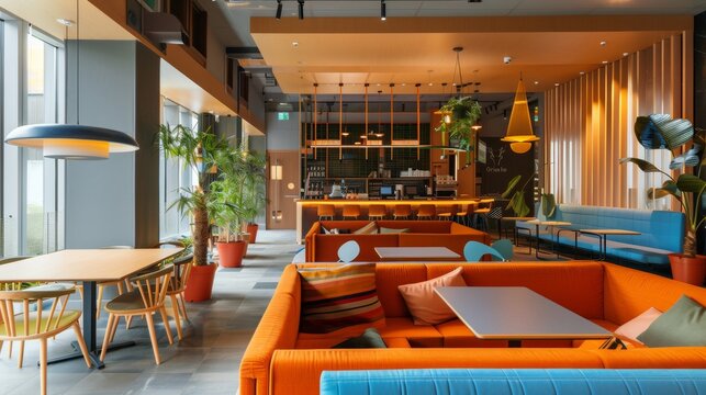A bright and modern student lounge with comfortable seating, large tables for dining, and relaxation areas. Generative AI