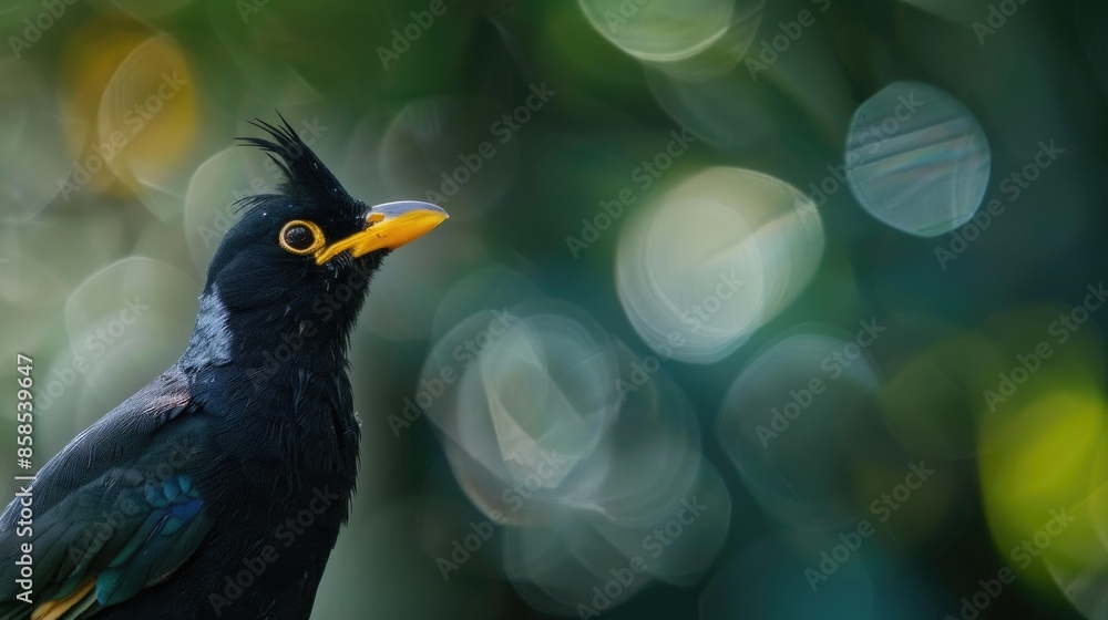 Wall mural Close up of a common myna in nature with copy space background for World Animal Day featuring the Acridotgeres tristis